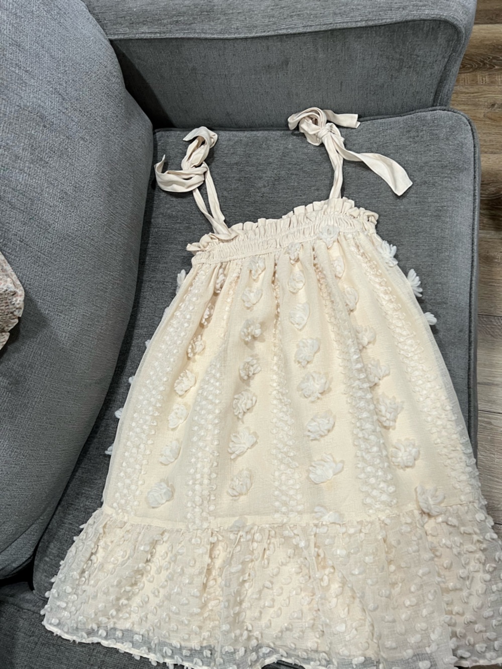 Vici Cream Textured Pom-Pom Tie-Shoulder Sundress